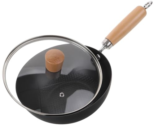 DECORNIJIA Japanese Small Iron Wok with Lid Home Cooking Pan Flat Bottom Stir Fry Pan for Induction Cookware Household Use Ergonomic Handle Multi-Functional