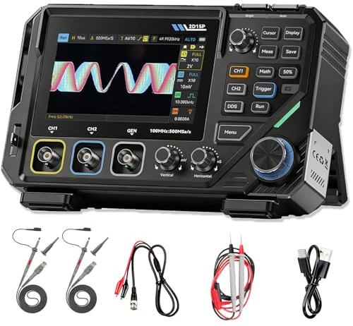 DewinLVD 2D15P Oszilloskop Multimeter 100MHz Oszilloskop 2 kanal Bandbreite | 3 in1 Digitales Oszilloskop Multimeter DDS-Signalgenerator, 19.999 TRMS-Zählwerte, 500MS/s Abtastrate, 4,3 Zoll Touchscreen