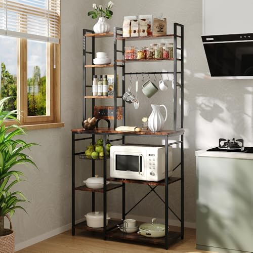 Warmiehomy Kitchen Bakers Rack Storage with Power Outlet 7 Tier Industrial Kitchen Storage Microwave Stand Coffee Station Cabinet Bakers Rack for Coffee Pots and Pans 91.5x 37x183cm（Rustic Brown）