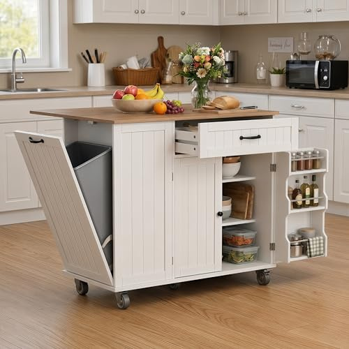 Xbro Isla Cocina con Tablero Plegable y Ruedas, Carrito de Cocina con Cajón, Armario de Basura, Portacuchillos y Toallero, Armario de Cocina, 113 x 51 x 90 cm, Blanco