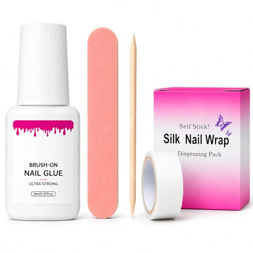 Nail Repair Kit - Silk Nail Wrap for Broken Natural Nails, Brush-On Nail Glue with Nail File & Manicure Stick, Cracked Split Nail Fix Set for At Home Manicure DIY Nail Care