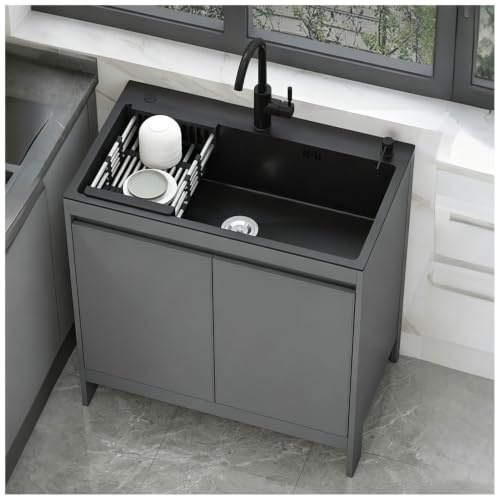 Mobile Lavello Esterno in Acciaio Inox con Ripostiglio Integrato, Lavello Utility Commerciale ad Alta Resistenza con Griglia Estraibile, per Cucina, Lavanderia e Garage