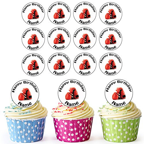 AK Giftshop Boxing Gloves 24 Personalised Edible Cupcake Toppers/Birthday Cake Decorations - Easy Precut Circles