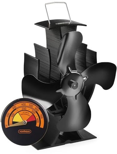 VonHaus Stove Fan – Log Burner Fire Fan for Wood Burning Stoves, Fireplaces, Stove Heaters – 4 Blades, Silent Operation, Eco Friendly, Heat Powered, Energy Saving, Thermometer – 2 Year Warranty