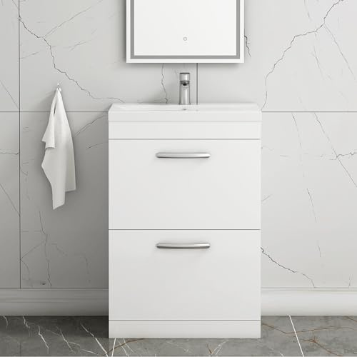 Royal Bathrooms 600mm Floor Standing Bathroom Vanity Unit Mid Edge Basin 2 Drawers Storage Cabinet Furniture - Gloss White