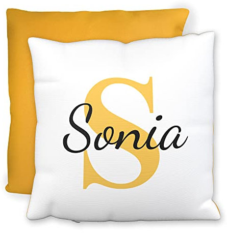 LOOXIS Personalisiertes Kissen mit Namen Bedruckt – 40x40 cm, Rückseite farbig, Leinenhaptik, Kalligraphie – Geschenkidee Männer, Frauen, Jahrestag, Einzug – Honiggelb