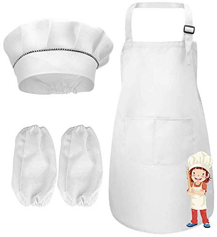 Kinder Schürze Kochmütze und Ärmel Set, Verstellbare Weiß Kinderschürze Mädchen/Jungen mit Taschen, Ideal Kinderschürzen Kochschürze Kochmütze Kostüm für Küche Kochen Backen Malerei (4-13 Jahre)