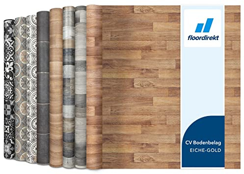 Floordirekt PVC Bodenbelag Meterware nach Maß Vinylboden, CV Linoleum für Küche & Balkon in Holzoptik, Fliesenoptik, Steinoptik - robust & pflegeleicht 200 x 200 cm | Atlantic | Eiche Gold 609l