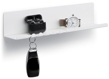 byde Helke Wandregal 30 x 6 x 6 cm 5 Haken und Kabelhalter, Hängeregal aus pulverbeschichtetem Stahlblech, Schlüsselbrett Organizer und Briefe für Eingang, Küche, Büro, Weiße Farbe