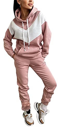 Onsoyours Femmes Survêtement Ensemble 2pcs Suit Mode Manches Longues Sweats à Capuche Sweatshirts + Pantalon Joggers Ensemble de Sport Suit Rose L