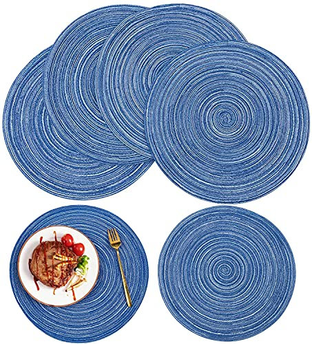 6er Set Runde Tischsets, Baumwolle Tischsets Abwaschbar Hitzebeständig Gewebte Tischsets rutschfest Platzdeckchen für Küche Speisetisch, Party Dekor (Blau, 4Stück 36cm+2Stück 30cm)