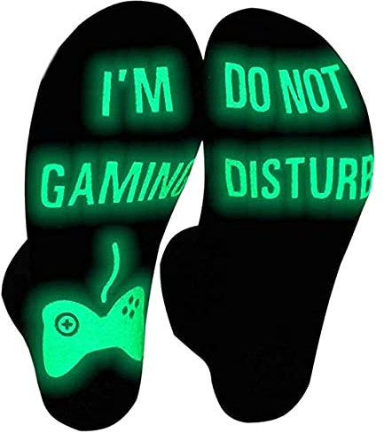 Himozoo Chaussettes avec inscription « Do Not Disturb I'm Gaming » - Cadeau amusant pour fils, adolescents, garçons, mari, papa, petit ami, homme, femme, gamer, Long blanc noir lumineux, S/L