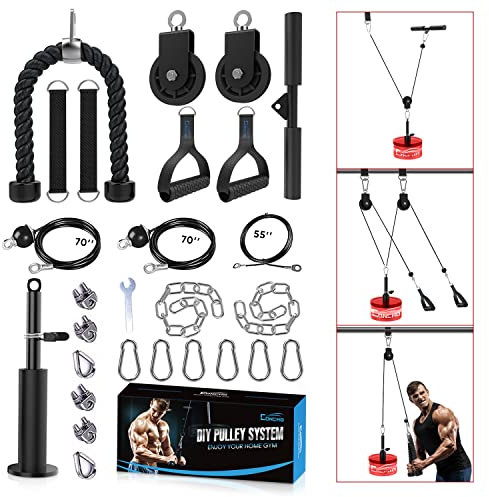 Concho Cable Pulley System Gym, Upgraded Weight Pulley System with 3 Detachable Handles, LAT and Lift Pulley Attachments for Biceps Curl, Triceps, Chest Workout - DIY Home Gym Fitness Equipment