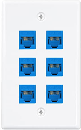 Iwillink 6-Port Ethernet Wall Plate With RJ45 Keystone Inline Coupler Insert, Female to Female Cat6 Jack, Blue (1-Pack)