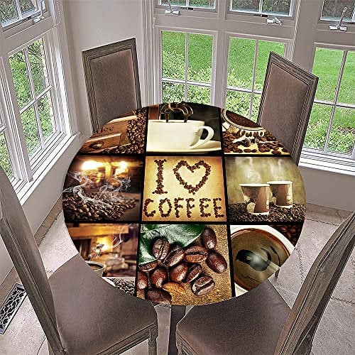 Morbuy Rund Tischdecke Elastisch, Kaffee Drucken Rund Tischdecken Wasserdicht Lotuseffekt Abwaschbar Abwischbar Tischtuch für Dekoration Küchentisch Garten Outdoor (Durchmesser 110cm,Patchwork)