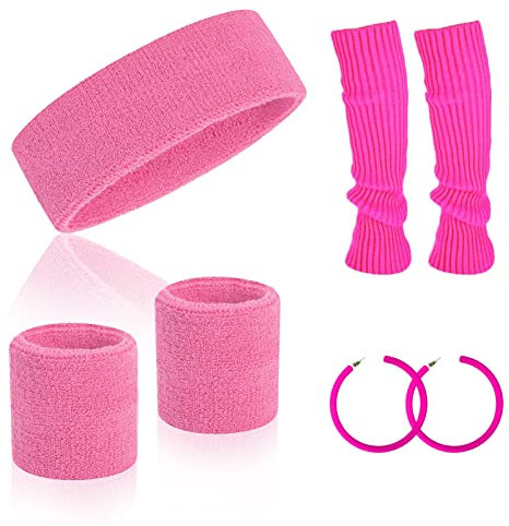 80s Accessories for Women, 80s Fancy Costume Accessories Set with Retro Neon Rosy Headband and Wristband Leg Warmers Earrings for Women and Girls(Rosy)