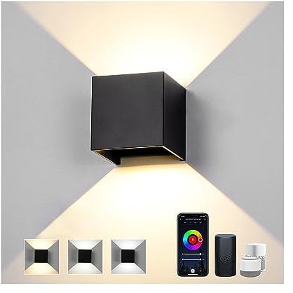 6W LED Wandleuchte Innen Alexa Lampe Smart Home Wandlampe Dimmbar Steuerbar via App Außenlampe Wasserdicht Mit Einstellbar Abstrahlwinkel LED Wandbeleuchtung Innen & Außen -Schwarz