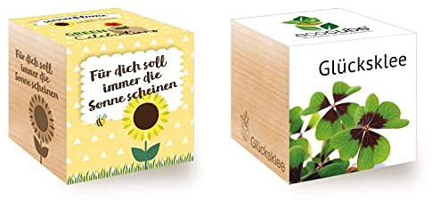 Celebrations Ecocube, Sonnenblume Bio Samen, Holzwürfel Mit Lasergravur «Für Dich Soll Immer Die Sonne Scheinen», Nachhaltige Geschenkidee & 296275 Ecocube Glücksklee, Pflanzen Im Holzwürfel