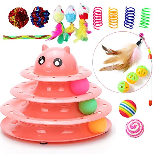 Vealind Cat Toys Pet Interactive Fun Roller Exerciser 3 Level Cat Teaser Ball Toy with Colorful Balls Kitten Toys Set 17 Pack (Pink)