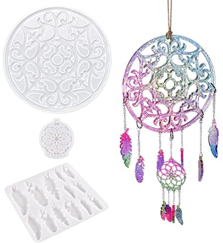 Woohome Traumfänger Harz Form DIY Windspiel Silikonform Epoxidharz Form für Anhänger, Dream Catcher Epoxidharz Formen mit Sprungringen, Schnur für Zuhause Fenster und Schlafzimmer