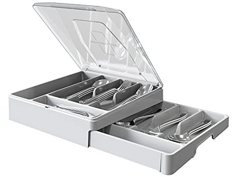 Double Layer Flatware Organizer with Lid, Cutlery Tray for Countertop Silverware Tray for Kitchen Drawers with 2 Tier Utensil Holder and 9 Compartments Silverware Storage Bin (White)