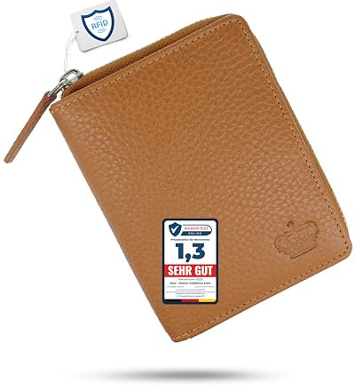 Baur Damen Geldbörse Echt Leder Geldtasche | Geldbeutel mit RFID Schutz | kleines Portemonnaie viele Kartenfächer | Wallet mit Druckknopfverschluss & Reißverschluss-Compartment (Cognac)