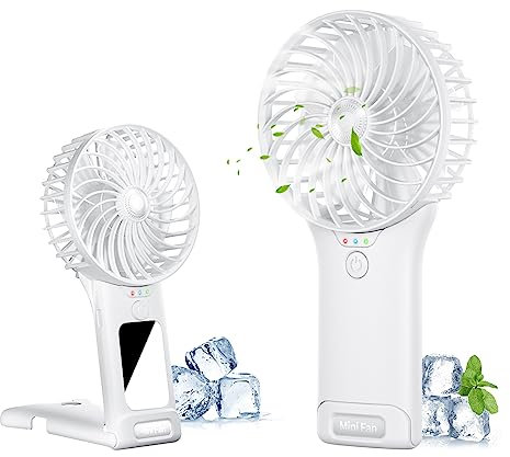 Handheld Fan, USB Rechargeable Mini Portable Fan, Personal Small Silent Hand Fan 4 Speeds with Mirror, Battery Operated Table Desk Fan for Office Outdoor Home Travel (White)