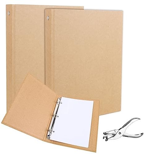 RUCUDIM Kraftpapier Ringordner, Ring Binder Refillable, A5 Ringbuch, Ringbuchordner mit 3 Ringen zum Hinzufügen Prospekthülle Scrapbooking Papiers für Schule,Büro-2 Stück mit Punch