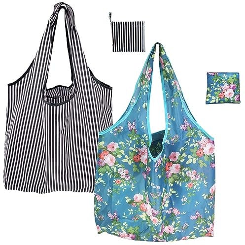FAVORTALK Reusable Shopping Bags Foldaway Waterproof - 2 Pcs Folding Washable Shopper Bags for Women Girls Ladies Lightweight Strong & Durable Grocery Bags Foldable Shop Tote Bags for Life - 8707