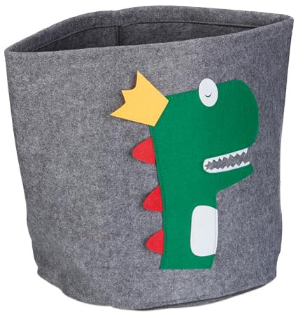 Relaxdays Aufbewahrungskorb Dino, Stoffbox für Kinder, aus Filz, rund, faltbar, H x D: 35 x 32 cm, Spielzeugbox, grau
