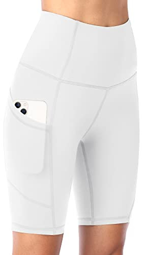 DDOBB Damen Radlerhose mit Taschen High Waist Sport Shorts Damen Sommer Kurze Sporthose Blickdicht Yoga Shorts Leggings Hose Gym Fitness Outdoor(Weiß,M)