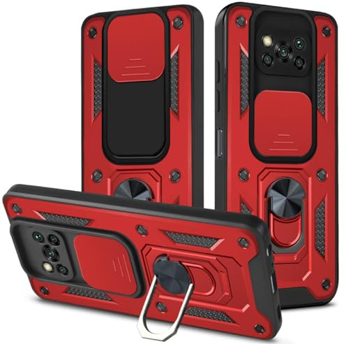UPLAI Hülle für Xiaomi Poco X3 Pro/Poco X3 NFC, Slim Stoßfest Rüstung Handyhülle mit Gleiten Kamera Cover und Magnetisch Ring Ständer, PC + TPU Dauerhaft Schutzhülle.Rot