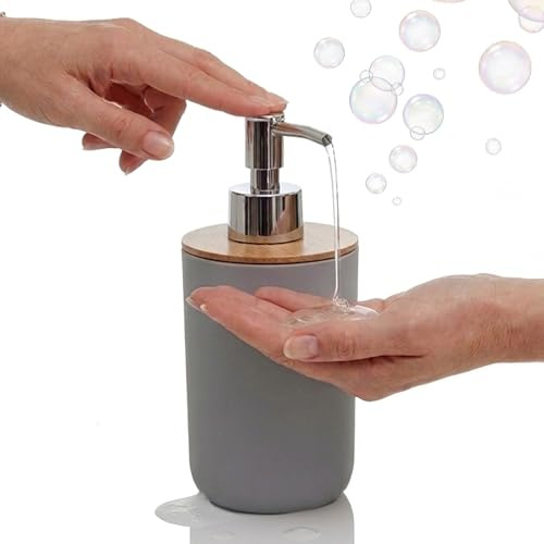 Premier Housewares Durable Grey Lotion Dispenser | 300ml Bamboo Fibre Lotion Pump Dispenser With Removable Head | Kitchen Liquid Soap Dispenser | Lotion Dispenser For Bathroom