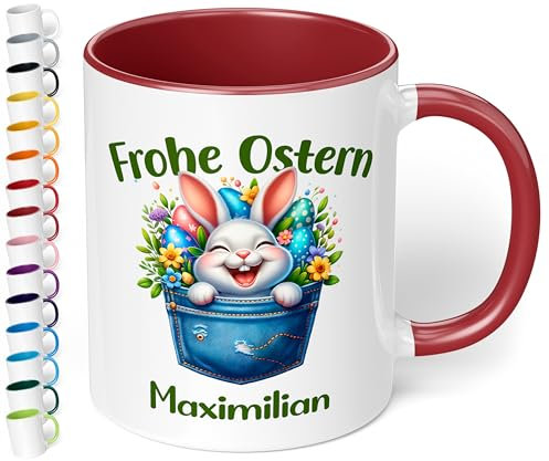 Tasse als Ostergeschenk personalisiert „Frohe Ostern“ Motiv: Osterhase Ostereier – 330ml Keramik Kaffeetasse mit Spruch – kleine Geschenke zu Ostern Easter gift (Bordeaux)