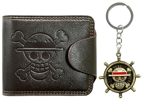 UZYEAOZM OP Bifold Wallet for Men, Straw Hat Luffy Skull Wallet and Keychain, Anime Fan Stylish Merch Gifts, Dark Brown, Anime