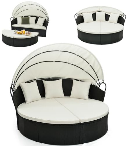 GYMAX 2-en-1 Canapé-Lit Jardin Extérieur Rond avec Pare-Soleil, Coussin Amovible, Oreillers, Salon Jardin Rotin pour Bain de Soleil Pelouse Terrasse