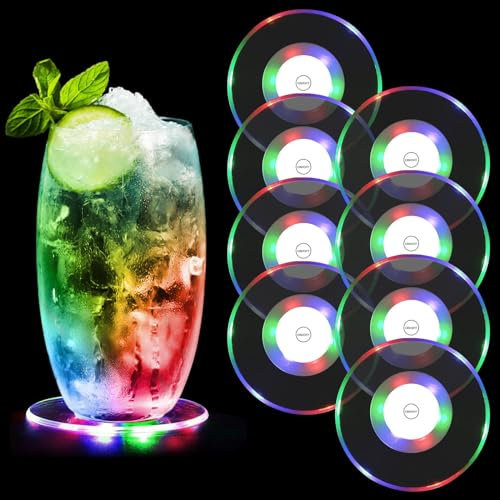 MOERAE 8er-Se Bunt LED Untersetzer, Untersetzer Acryl Rund wasserdichte Leuchtuntersetzer, ON/Off LED Leuchtende Untersetzer mit 3 Lichtmodi für Gläser, Flaschen, Partys, Kneipen, Weihnachtsbars
