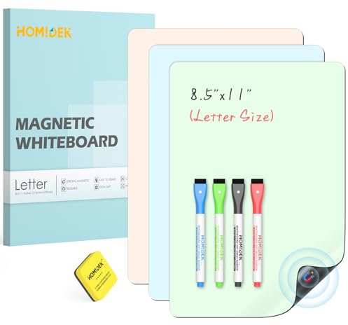 HOMiDEK Magnetic Dry Erase Board, 3 Colors Fridge Magnet White Board Sheet with 4 Markers & 1 Eraser, Reusable Blank Magnetic Whiteboard to Write On for Refrigerator, Locker, Cabinet, Door - 8.5 x 11