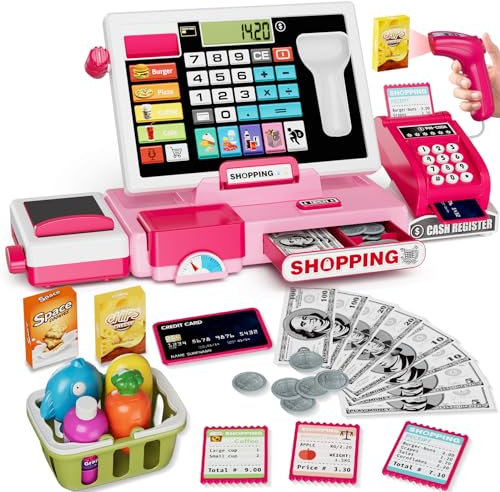 HYES Caisse Enregistreuse Jouet pour Enfants avec Calculatrice Réaliste y Compris Scanner / Cartes de Crédit / Pièces de Jeu / Courroie Transporteuse, Cadeau de Jouets pour Enfants, Rose