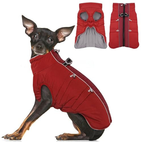IKIPUKO Dog Coat-XS, Dog Winter Jacket Warm Zip Up Snowsuit Dog Harness Vest Reflective Water-Resistant Dog Coat Dog Snow Jacket for Small Dogs Chihuahua, Teacup Pubby, Red
