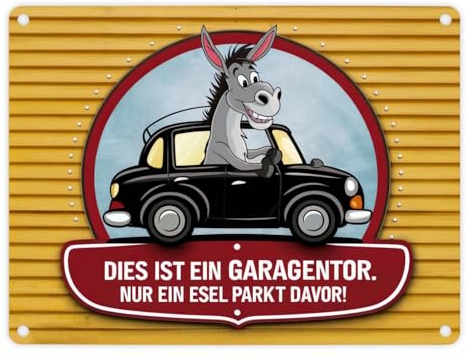 Dies ist ein Garagentor Metallschild in 15x20 cm nur ein Esel parkt davor! witzige Illustration eines lächelnden Esels in einem schwarzen Auto auf leuchtend gelbem Hintergrund