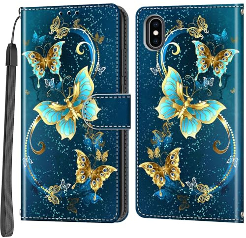 Salanheo Wallet Case for iPhone X/XS, Golden Green Butterfly | Card Slots, Kickstand, Shockproof, Magnetic Closure, PU Leather, Flip Wallet Book, Lanyard Strap