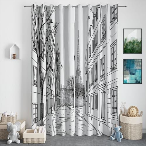 CozyRest Stadtgebäude Eiffelturm Blickdichte Vorhänge Schlafzimmer 230 x 117 cm Vorhänge Dekor Jugendliche Kinder Gaming Schiebevorhänge Paris Straße Vorhänge Dekor Set of 2er Panels