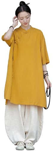 DAYKET Vêtements de Tai Chi amples pour femmes, uniforme traditionnel chinois en coton et lin pour arts martiaux, tenue de méditation zen, tenue d'exercices du matin,YellowA-OneSize
