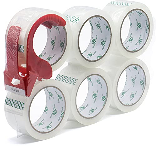BOMEI PACK Nastro da imballaggio trasparente con dispenser, 48 mm x 66 m, confezione da 6 rotoli, nastro da imballaggio per impieghi gravosi (TRASPARENTE)