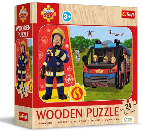 Trefl - Holzpuzzle: Fireman Sam, Der Unglaubliche Feuermann - 24 Elemente, Puzzle Wooden Puzzle, Dekoratives Muster auf der Rückseite, für Kinder ab 3 Jahren