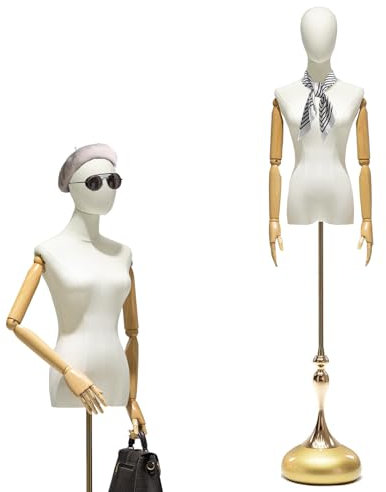 Schneiderpuppe Weiblich mit Gebogene Basis, Schaufensterpuppe Torso Höhenverstellbar, Arme und Finger aus Holz Zerlegbare Damenbüste (140 - 208 cm (Gold))