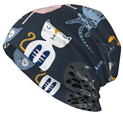zerosevenee Beanie-Mütze mit Faultier auf einem Ast, für Damen und Herren, Strickmütze, Totenkopfmütze, Krebsmütze, Chemo-Kopfbedeckung, Niedliche, bunte Katzen, Einheitsgröße
