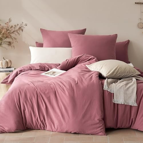 JELLYMONI Bettwäsche 200x200 Baumwolle Bettwäsche-Sets Dunkelrosa Oeko-Tex 100% Gewaschene Baumwolle Bettbezug mit Reißverschluss und 2 Kissenbezüge 80X80 mit Umschlag Weich 3-Teilig