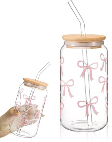 16 oz Glass Trinkbecher mit Deckel und Strohhalm,Bow Glasbecher,Eleganter Tumbler mit Bow Design,Iced Coffee Glas in Dosenform,Vielseitig für Kaffee, Cocktails und Mehr